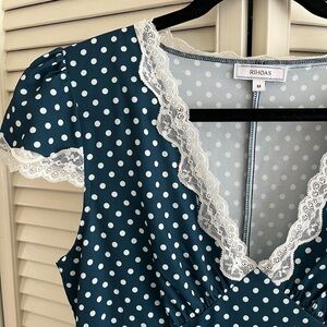 Rihoas Blue Polka Dot Dress with Lace Trim